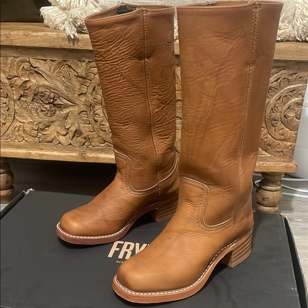 Frye Tan Heeled Boots with Stacked Leather Heel